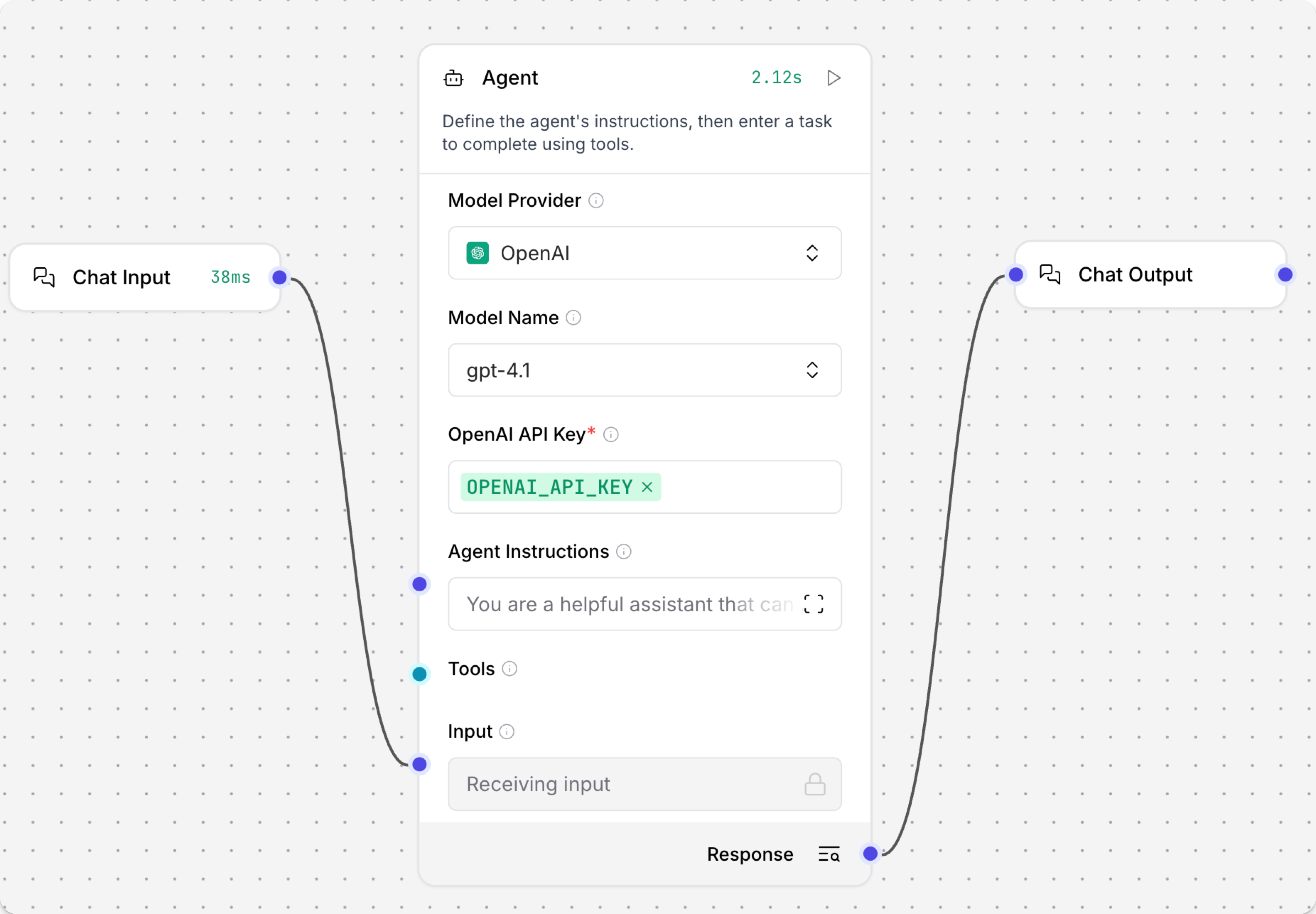 具有 Chat Input、Agent 和 Chat Output 组件的基本智能体聊天流程。