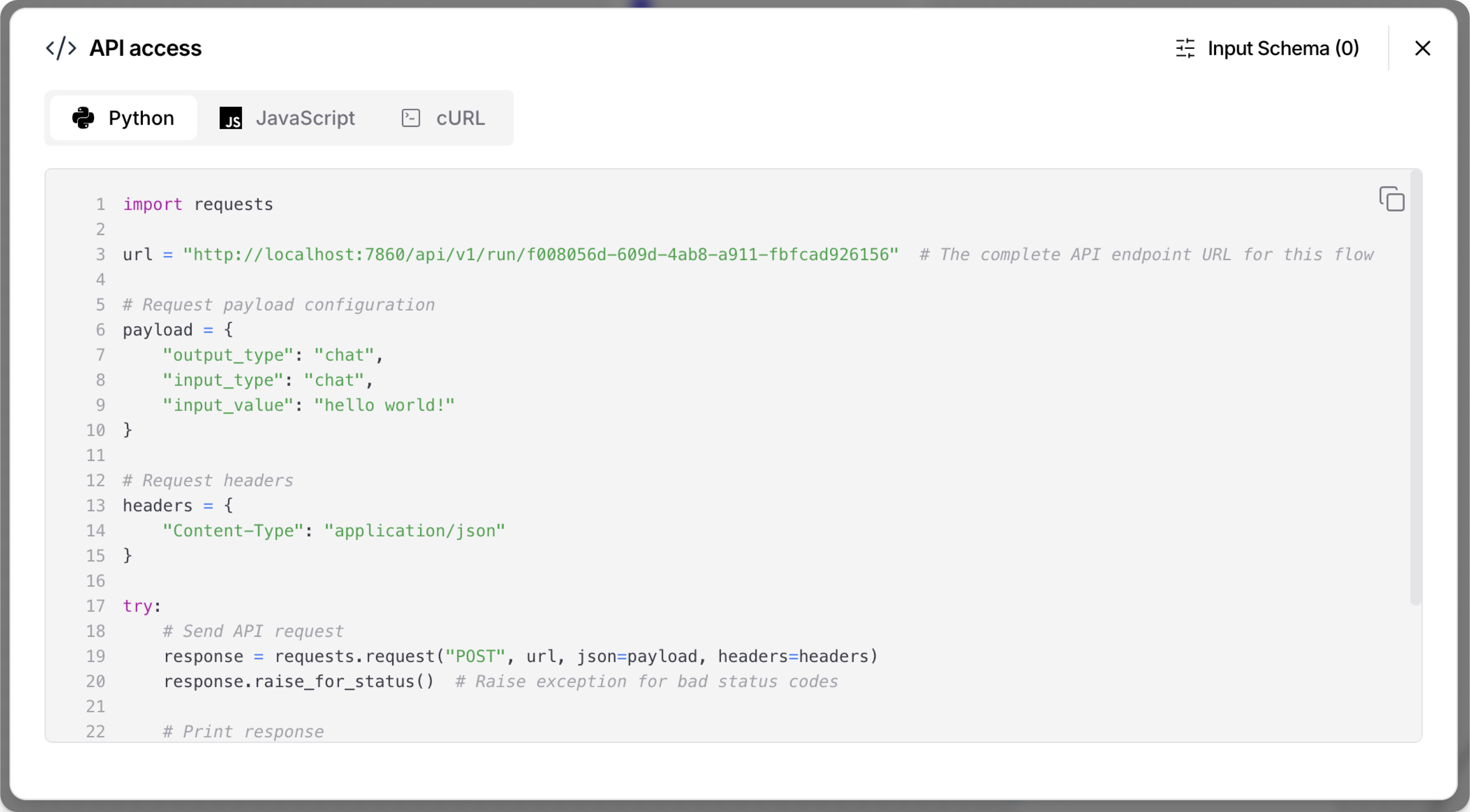 API access pane