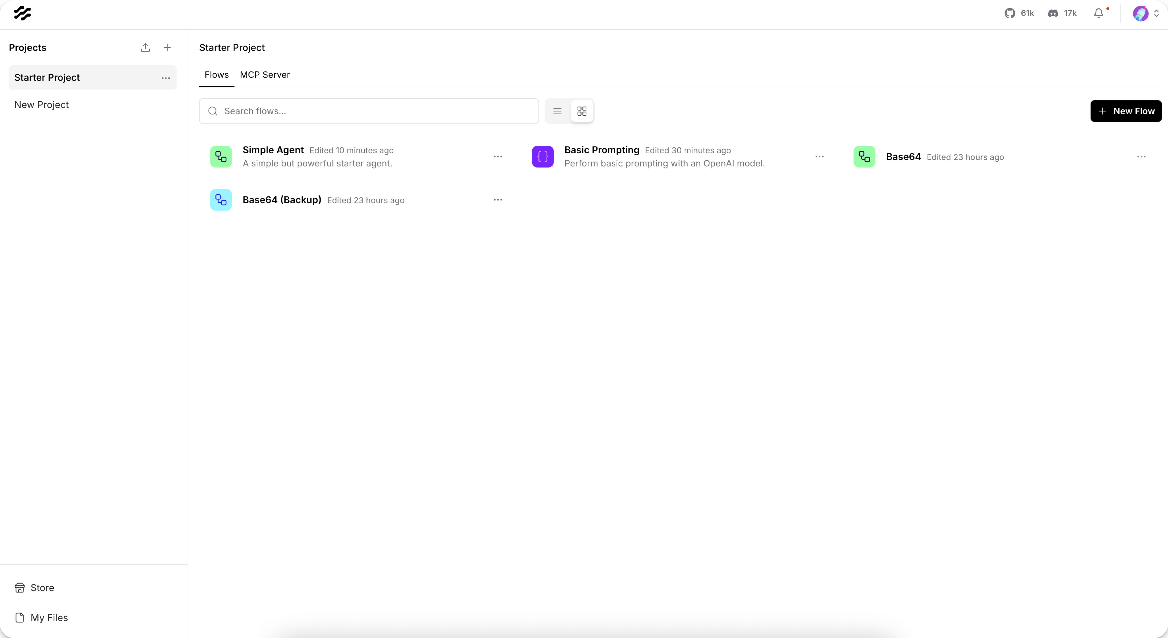 Projects page with multiple flows in a project